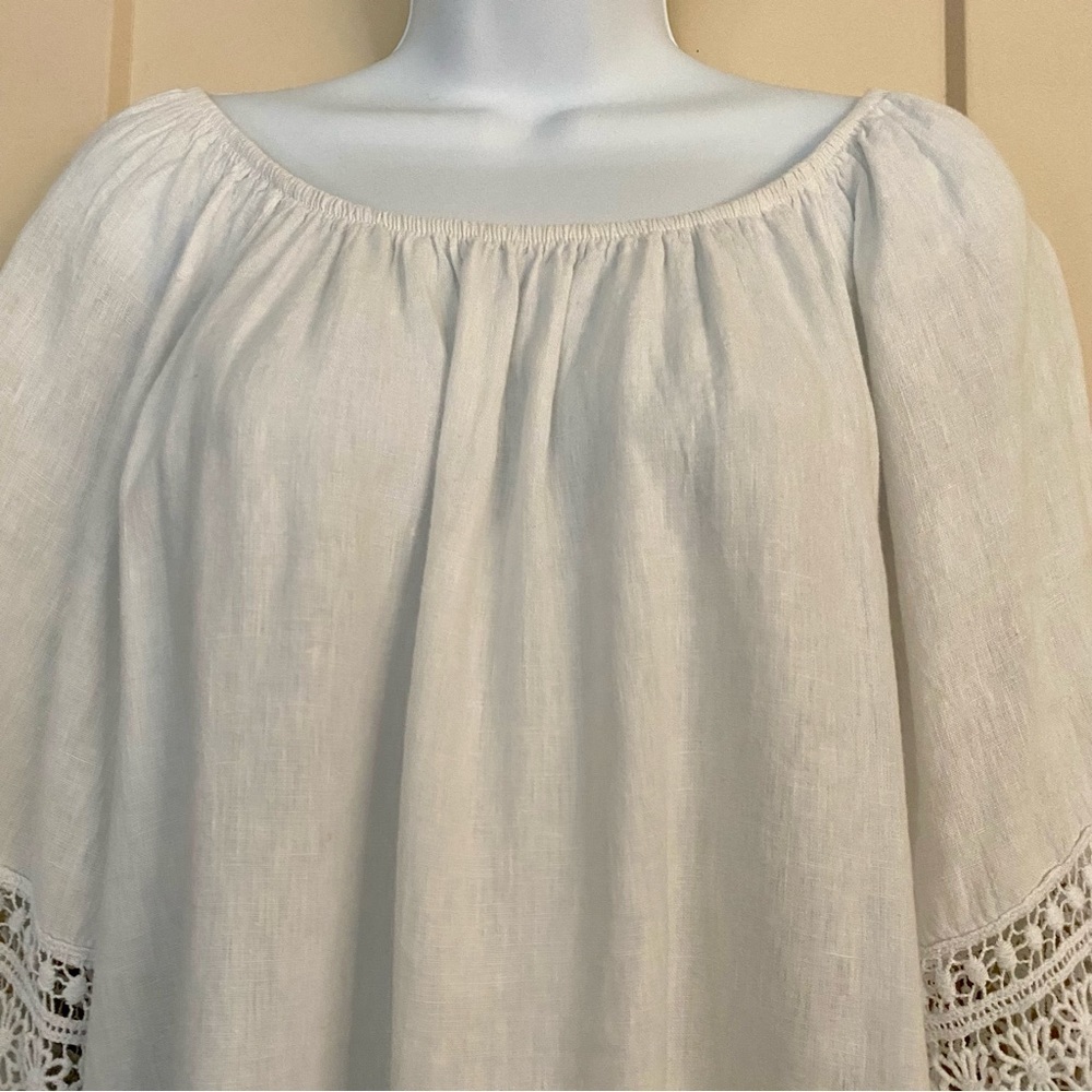White Linen Blouse Top Sz Large Crochet Peasant Bell Sleeve Prairie Summer - Picture 3 of 13